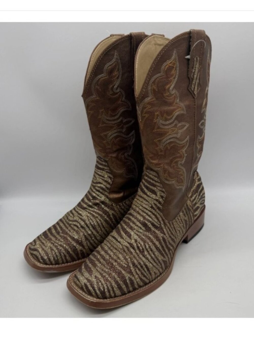 Roper Zebra Glitter Western Cowboy Boots Womens Size 9 Brown Gold Square Toe